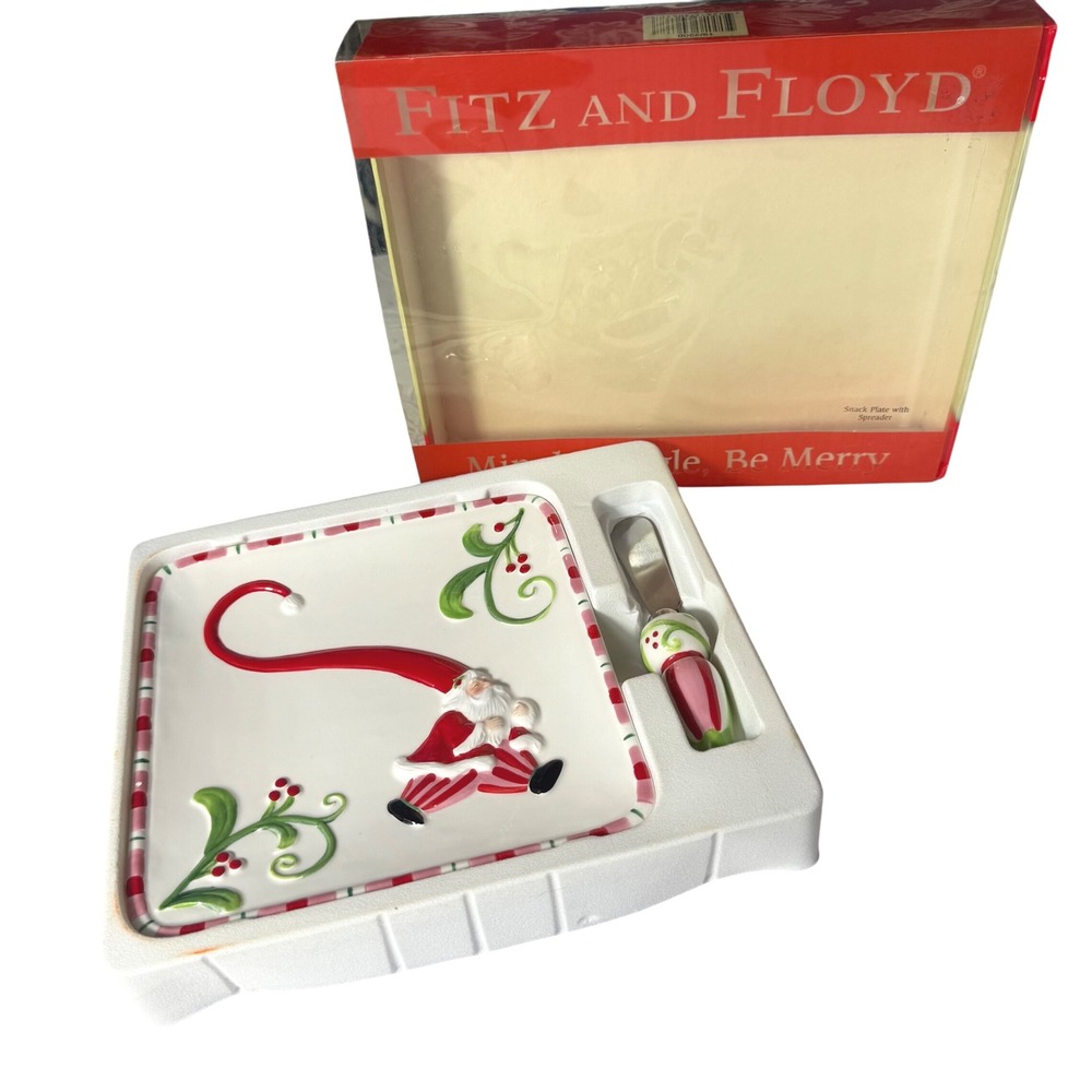 Fitz and Floyd Santa Snack Plate Spreader Mingle Jingle Be‎ Merry Set Christmas
